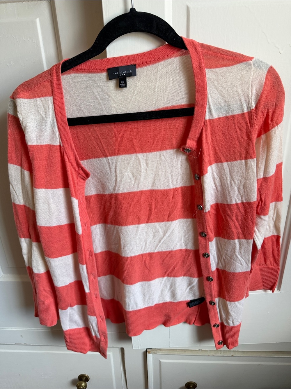 The Limited Coral and White Striped Cardigan Sweater